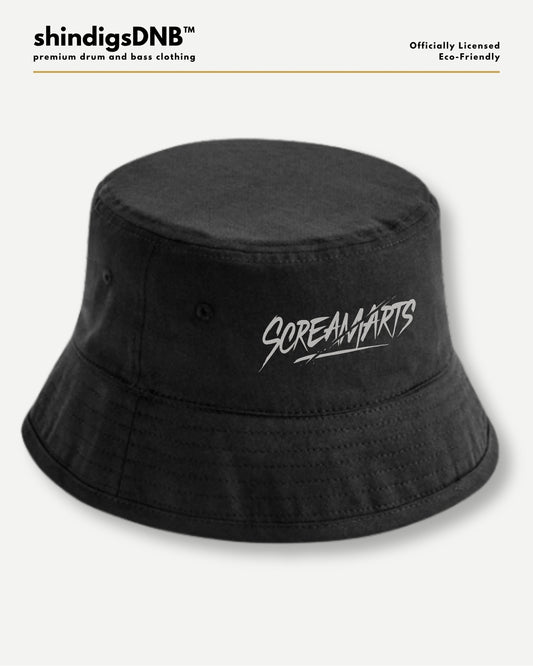 A black bucket hat with a white 'SCREAMARTS' logo printed on the front, displayed against a light gray background with branding text at the top.