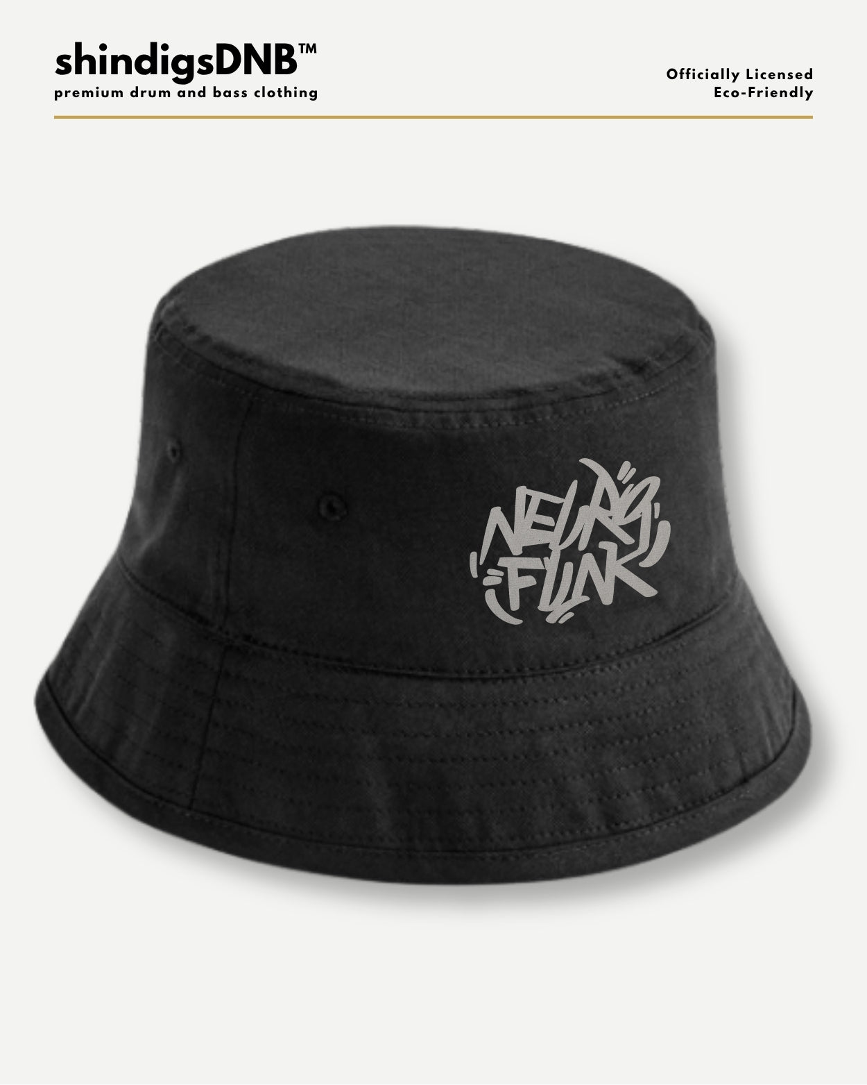 A black bucket hat with a stylized white 'Neurofunk' graphic on the front, displayed against a light gray background with branding text at the top.
