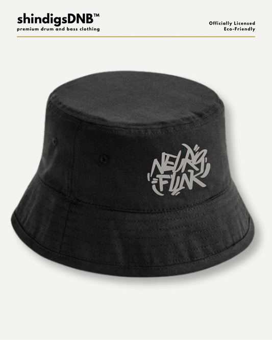 A black bucket hat with a stylized white 'Neurofunk' graphic on the front, displayed against a light gray background with branding text at the top.