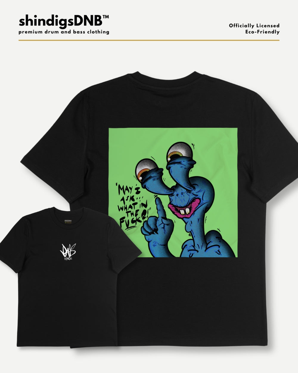 Black short-sleeve graphic t-shirt shown in two views: a large front view featuring a green square with a blue cartoon character, and a smaller back view showing a small white logo on the left chest. The brand name 'shindigsDNB' is visible at the top.
