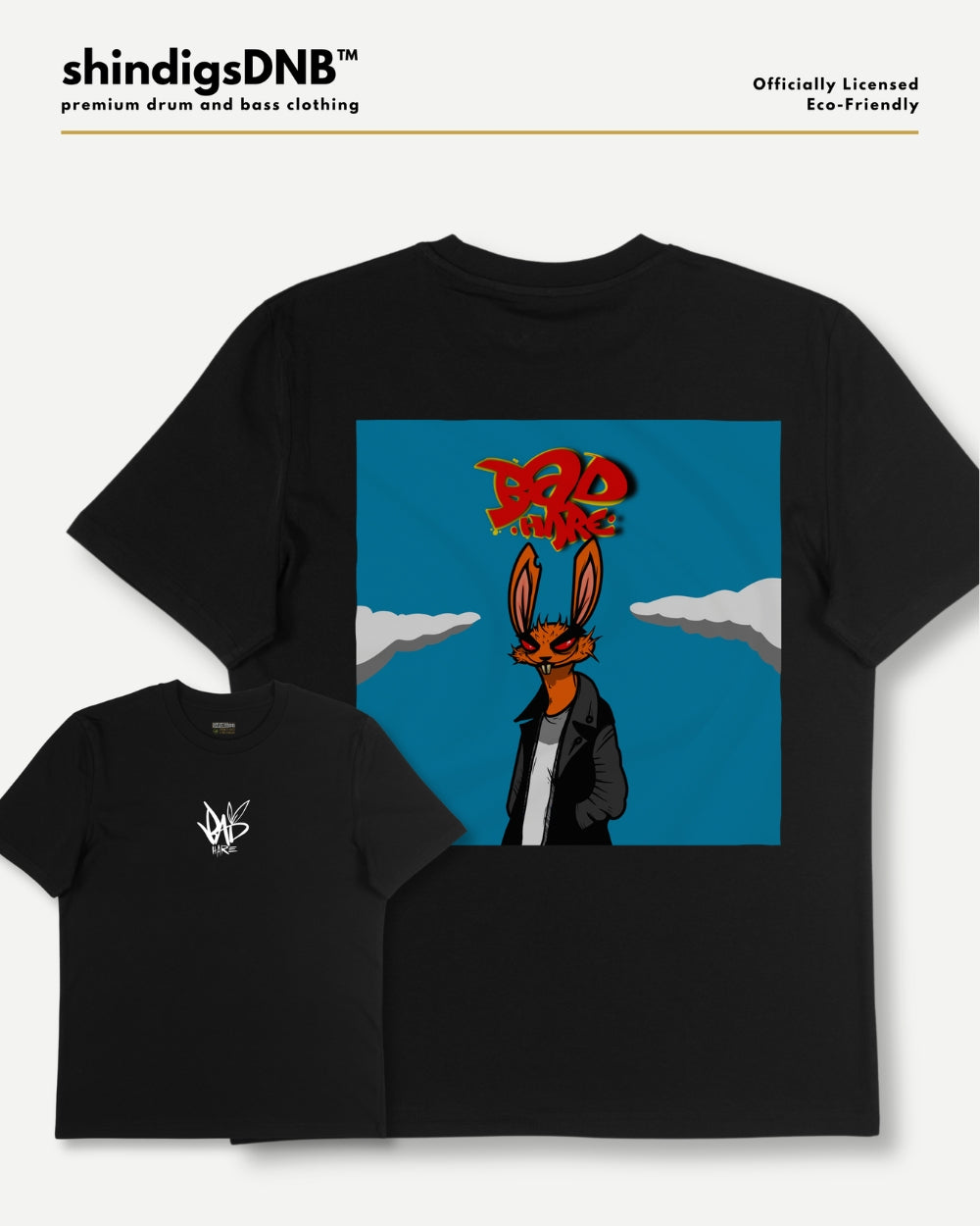 Black short-sleeve graphic t-shirt shown in two views: a larger front view featuring a square graphic of a cartoon rabbit in a black jacket against a blue sky with red graffiti, and a smaller side view showing a small white chest logo. The brand name 'shindigsDNB' is visible at the top.