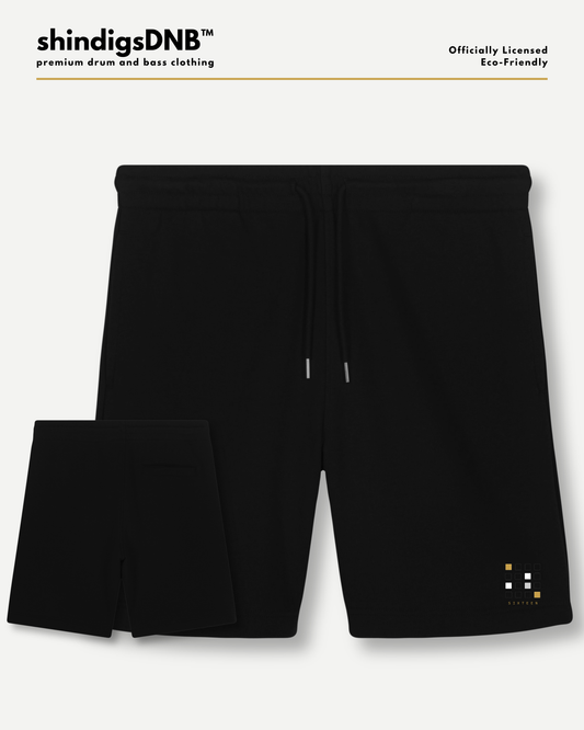 SIXTEEN Foundation premium organic Drum & Bass shorts by shindigsDNB featuring the exclusive Foundation collection emblem