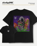 Butterfly artwork on a black drum and bass tshirt by Screamarts, bad hare