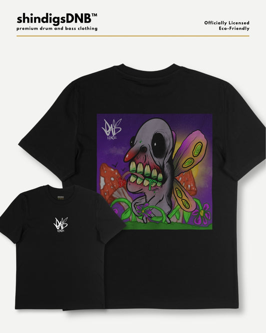 Butterfly artwork on a black drum and bass tshirt by Screamarts, bad hare