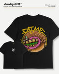 Crazy burger, eat me artwork on a black tee