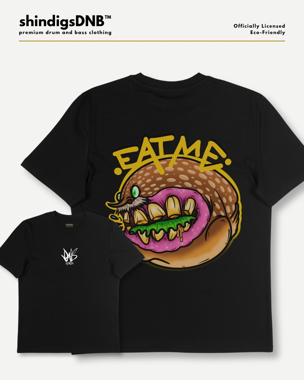 Crazy burger, eat me artwork on a black tee