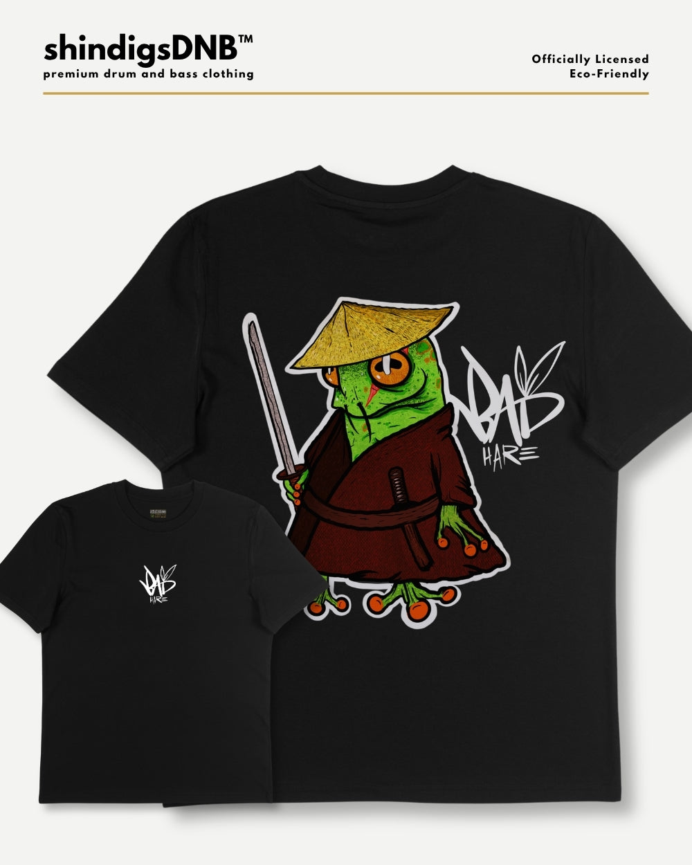 Samurai Frog on a black tshirt from Screamarts, Bad Hare, Neurofunk
