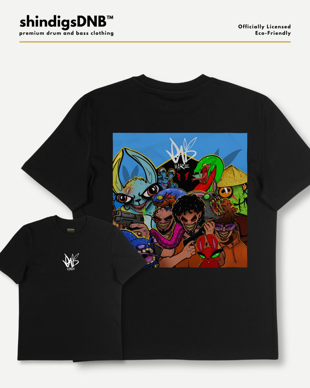 Two black t-shirts shown on a light gray background, with the larger shirt displaying a colorful graphic print of cartoon characters and the smaller shirt showing a small white chest logo. The brand name 'shindigsDNB' is visible at the top left.