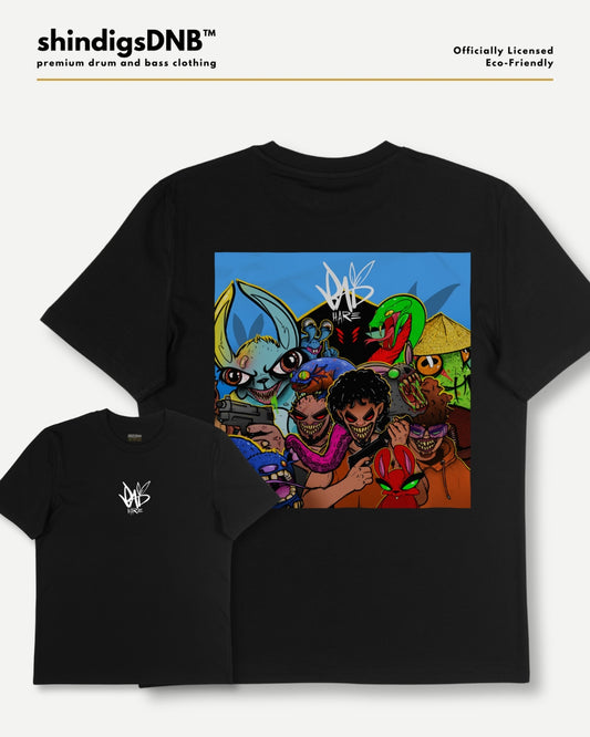 Two black t-shirts shown on a light gray background, with the larger shirt displaying a colorful graphic print of cartoon characters and the smaller shirt showing a small white chest logo. The brand name 'shindigsDNB' is visible at the top left.