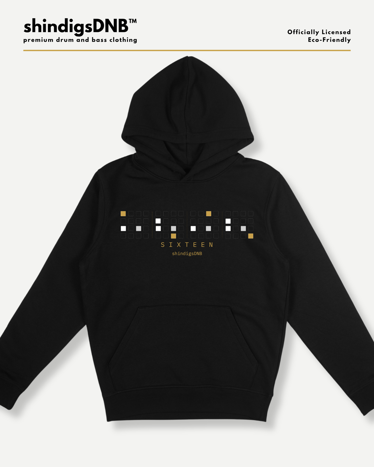 A black pullover hoodie with a graphic print on the chest featuring white and gold pixelated blocks and the text 'SIXTEEN'. The brand 'shindigsDNB' is displayed at the top left, and 'Officially Licensed' is at the top right, all on a light gray background.