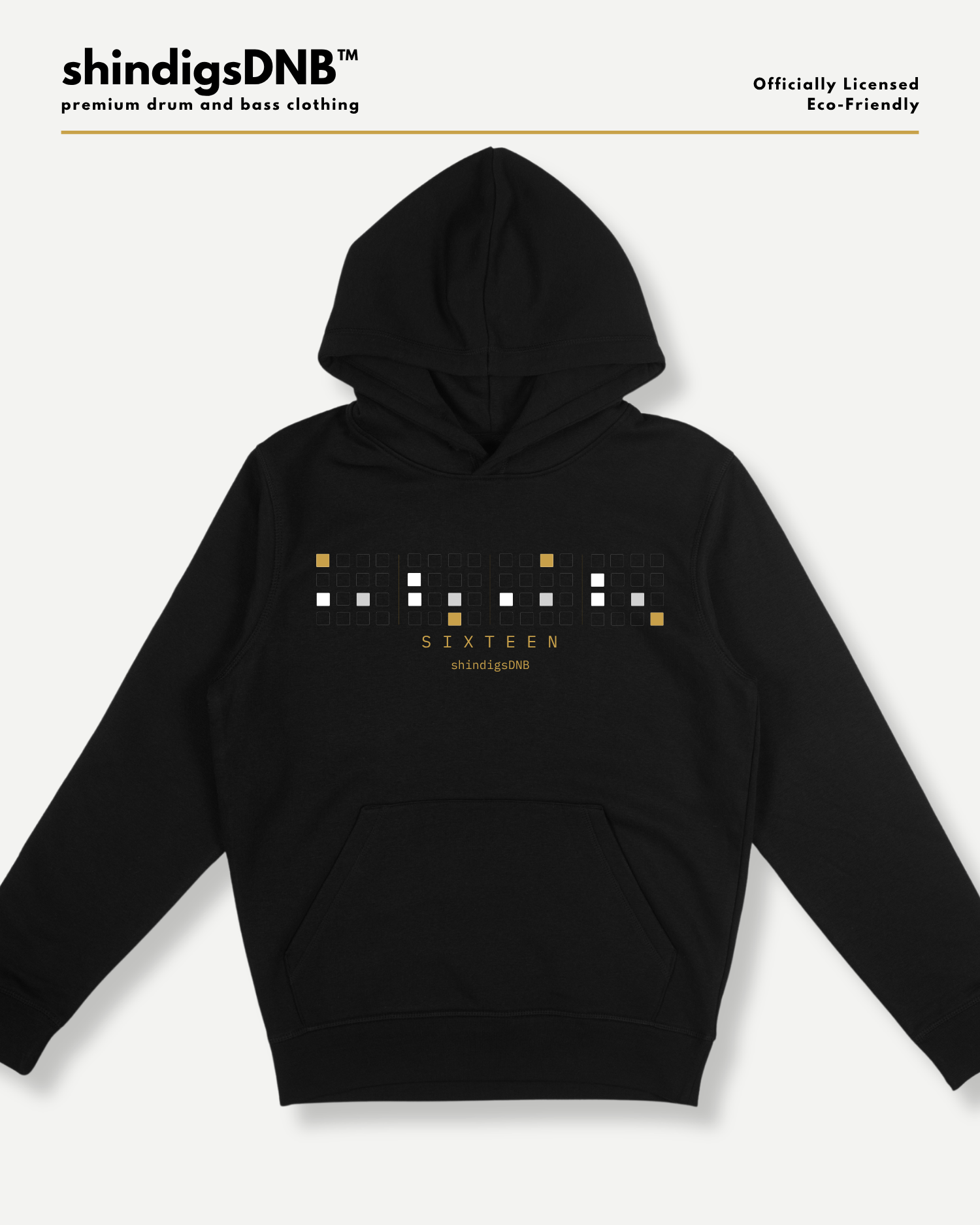 A black pullover hoodie with a graphic print on the chest featuring white and gold pixelated blocks and the text 'SIXTEEN'. The brand 'shindigsDNB' is displayed at the top left, and 'Officially Licensed' is at the top right, all on a light gray background.