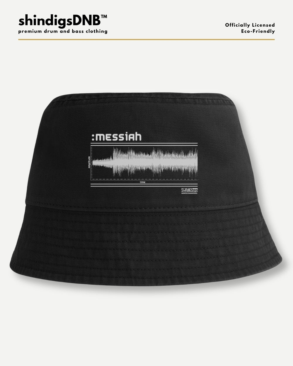 A black bucket hat with a white graphic print featuring the text ':messiah' and a soundwave design, displayed on a light gray background with branding text at the top.