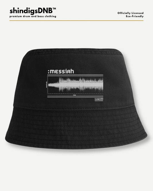 A black bucket hat with a white graphic print featuring the text ':messiah' and a soundwave design, displayed on a light gray background with branding text at the top.