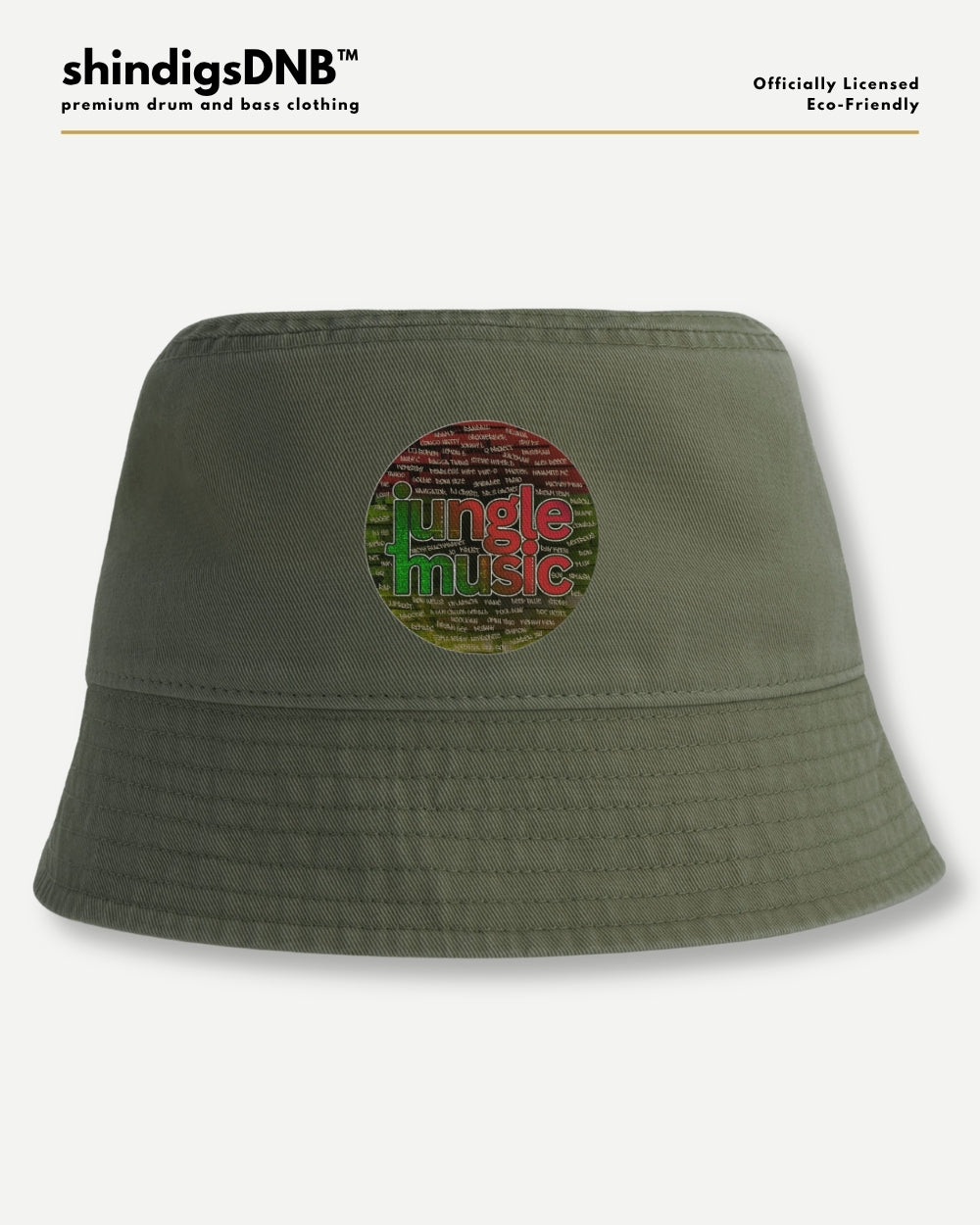 An olive green bucket hat with a circular 'Jungle Music' graphic patch on the front, displayed against a light gray background with brand text at the top.