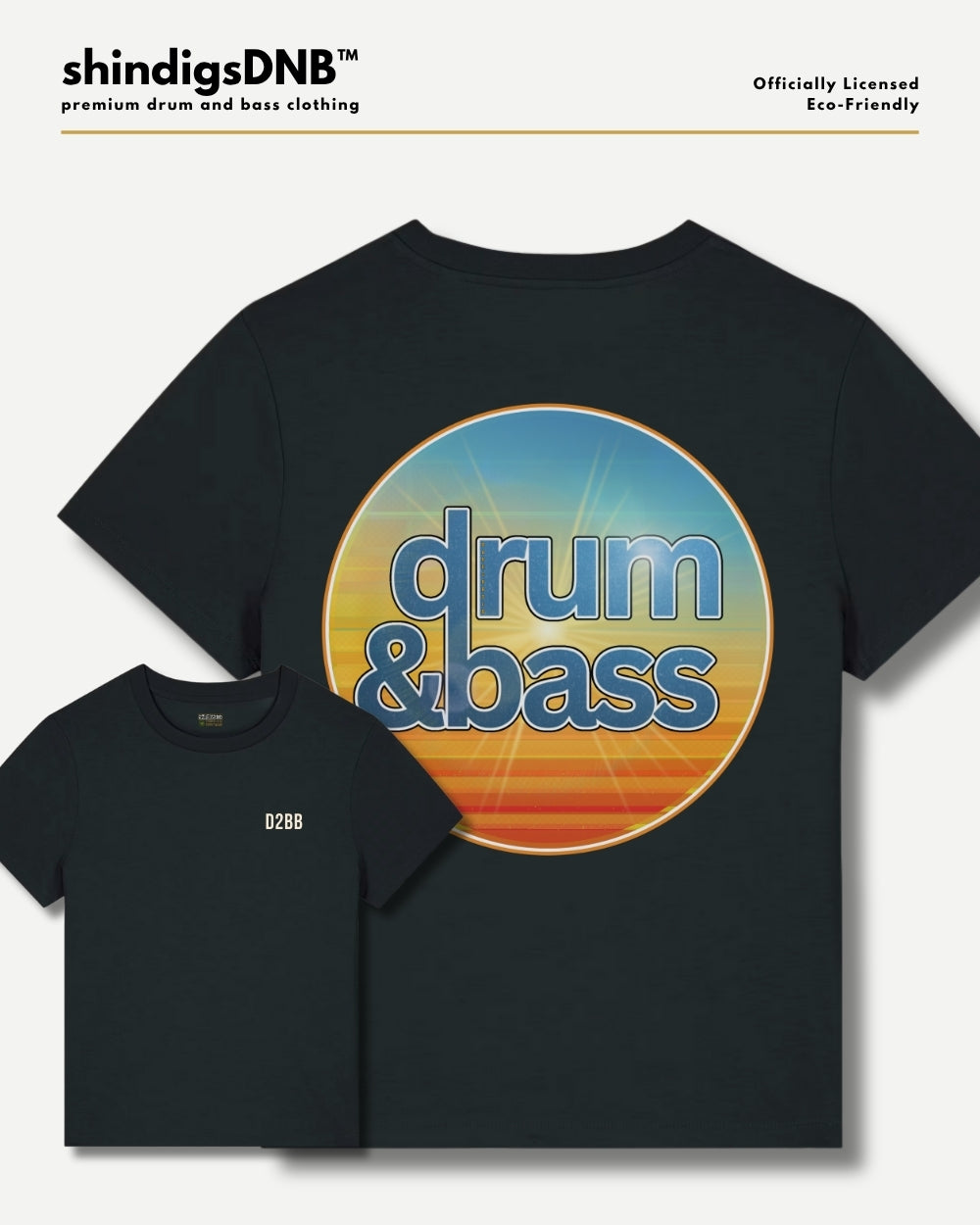 A black short-sleeve t-shirt shown in two views: a larger back view featuring a large circular retro graphic with the words 'drum & bass' in blue over a yellow, orange, and blue sunset gradient, and a smaller front view showing a small white 'D2BB' print on the left chest. The brand 'shindigsDNB' is visible at the top left.