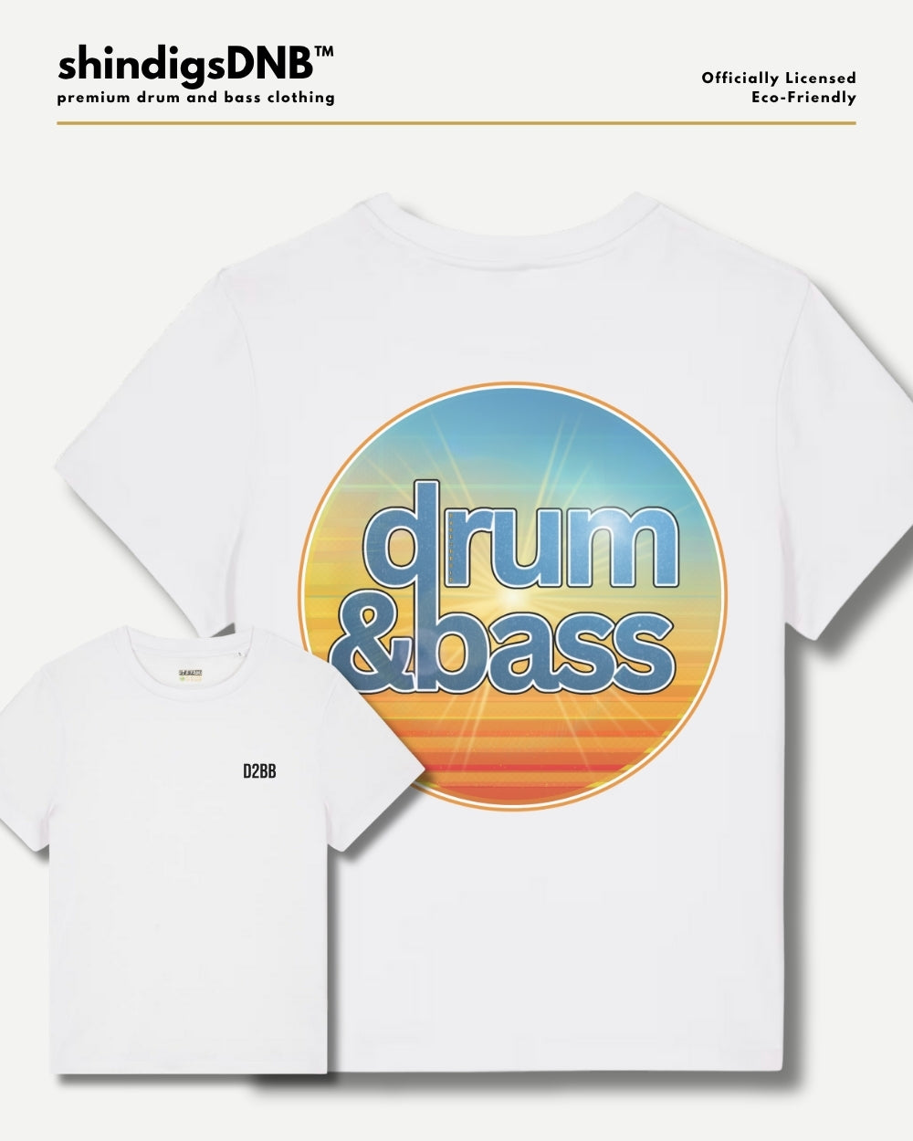 White short-sleeve t-shirt shown in two sizes: a larger youth size with a large circular retro graphic reading 'drum & bass' in blue over a yellow-to-orange sunset gradient, and a smaller adult size with a small black 'D2BB' logo on the left chest. The brand 'shindigsDNB' is displayed at the top.