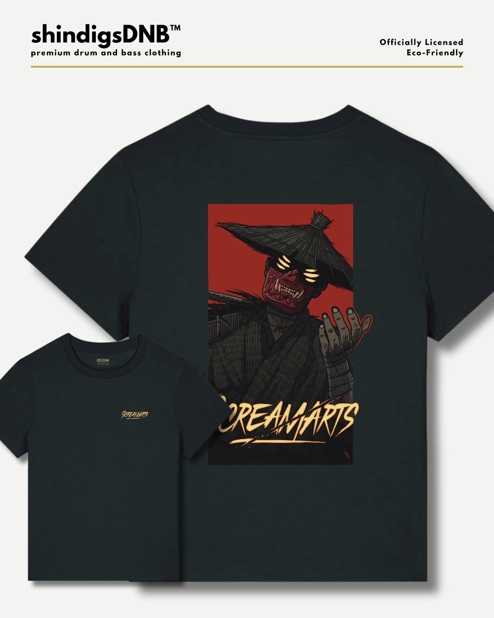 Black short-sleeve graphic t-shirt shown from the back and front. The back features a large red graphic of a samurai-style character with glowing yellow eyes and the text 'SCREAMARTS' in yellow.