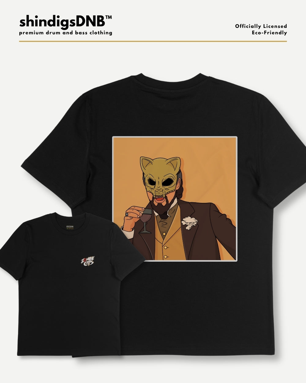 A black short-sleeve t-shirt shown in two sizes on a light gray background, with a large rectangular graphic print on the larger shirt. The print features an illustrated character wearing a cat mask and a brown suit against a warm tan background.