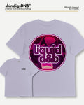 A light lavender crewneck t-shirt shown in two sizes: a large back view featuring a circular graphic with the text 'liquid d&b' in white bubble letters over a pink and purple smoky background, and a smaller front view on the bottom left with 'D2BB' printed on the chest. The brand 'shindigsDNB' is visible at the top.