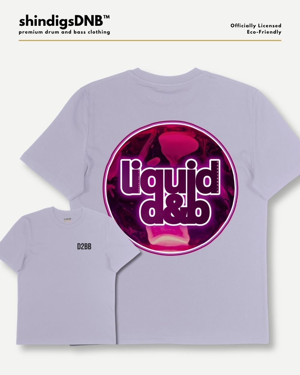 A light lavender crewneck t-shirt shown in two sizes: a large back view featuring a circular graphic with the text 'liquid d&b' in white bubble letters over a pink and purple smoky background, and a smaller front view on the bottom left with 'D2BB' printed on the chest. The brand 'shindigsDNB' is visible at the top.